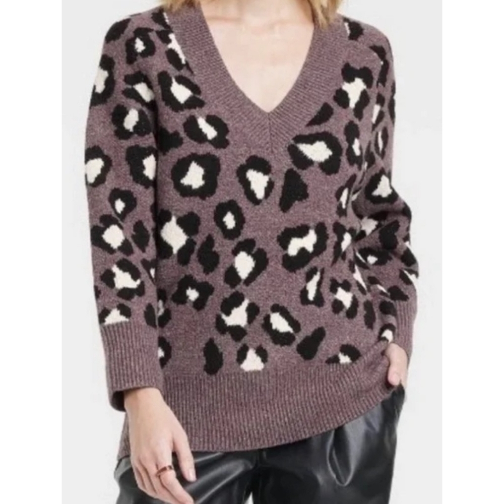 A New Day Leopard Print Vneck Pullover Sweater Dark Brown Size XS